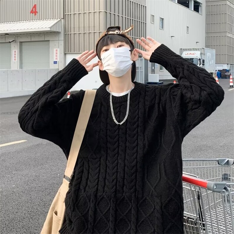 黑色麻花毛衣男女简约秋冬季鹿毛绒套头针织衫7118-P48,男装针织衫/毛衣,星座1109-3
