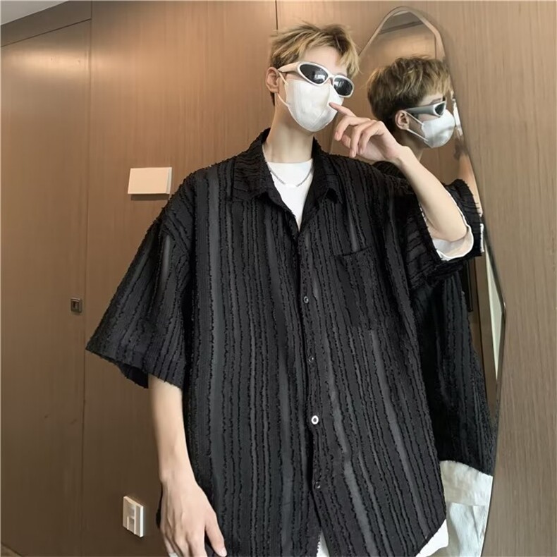 衬衫男装个性慵懒风冰丝提花衬衣2023夏季潮流半袖上衣CS1256-P36,男装衬衫,星座308B-1