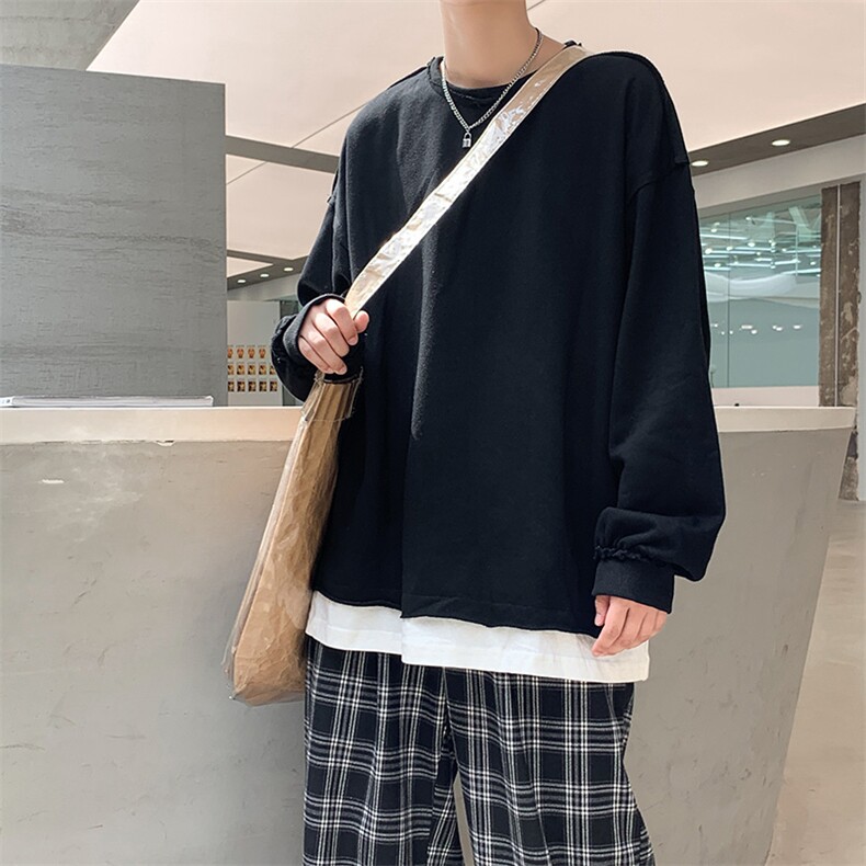910A-Y725秋装纯色假两件卫衣简约小清新百搭潮流上衣男图片