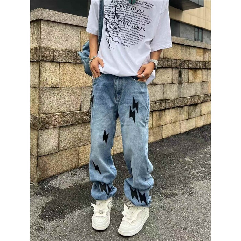 vibe风复古水洗做旧闪电贴布蓝色牛仔裤男宽松直筒长裤子NZ832图片