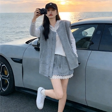韩版时尚休闲裤裙套装女春款马甲外套连帽T恤蕾丝花边裤裙三件套，女装套装/套裙，江南