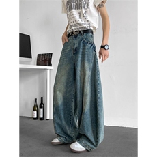 美式弯刀牛仔裤男秋季高街痞帅直筒裤宽松大码水洗做旧设计感长裤，男装牛仔裤，星座506A