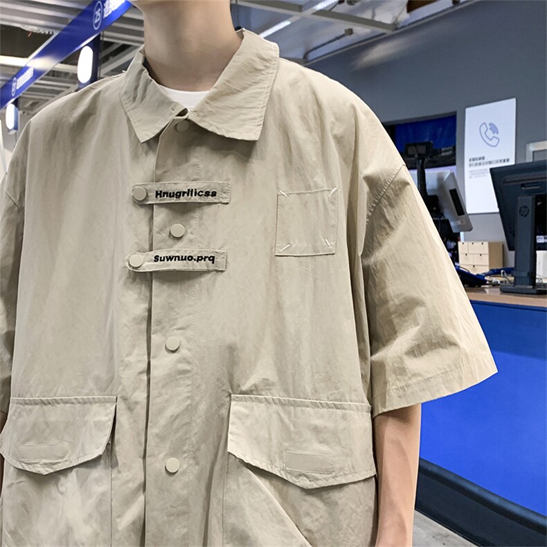 港风复古宽松版工装衬衫短袖夏季薄外套大口袋衬衣CS02231-P45,男装衬衫,星座308B-2