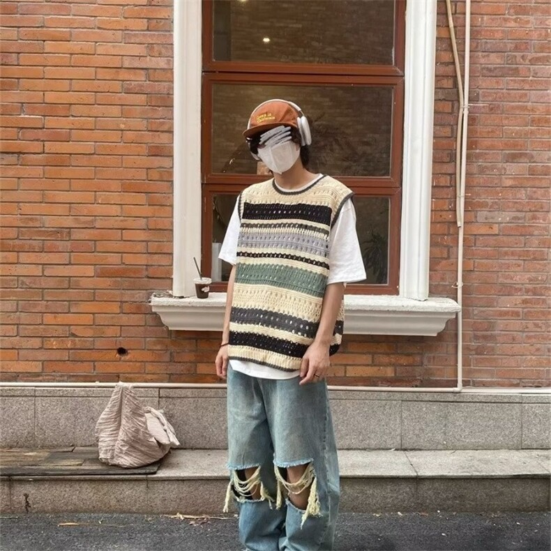 762-P33美式复古撞色条纹背心男款夏季潮牌针织镂空衣服坎肩毛衣,男装T恤,电商B323A