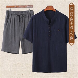 主推款高端夏季男士唐装中年棉麻套装中老年高品质亚麻短袖T恤图片