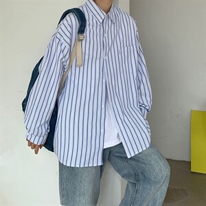 秋装条纹衬衫长袖男士外套港风潮牌休闲宽松衬衣上衣CS721P45控59图片