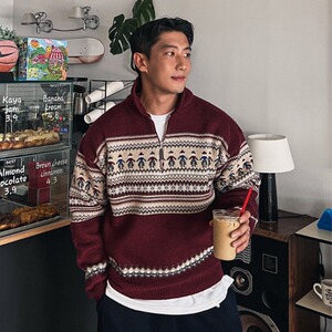 Cleanfit美式复古费尔岛提花拉链POLO领毛衣新年圣诞红翻领针织衫图片