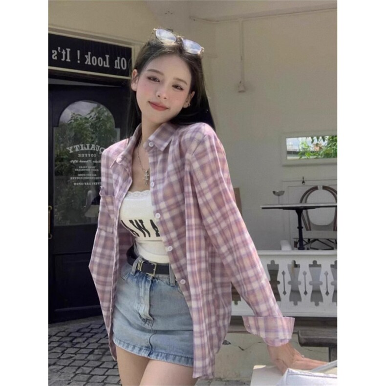 TC492-P45夏季慵懒复古休闲格子宽松防晒中长款衬衣，女装衬衫，星座617A-2