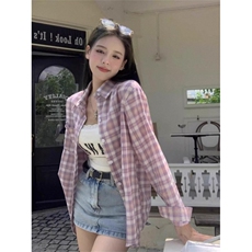 TC492-P45夏季慵懒复古休闲格子宽松防晒中长款衬衣，女装衬衫，星座617A-2