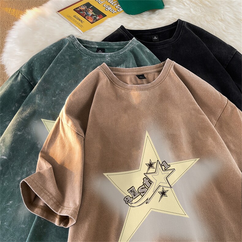 抖音供货230克水洗做旧短袖毛毯平铺印花T恤ST3101-P38控58图片