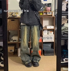 美式高街宽松水洗黄泥色牛仔裤男潮牌复古vibe设计款潮-N807-P55，男装牛仔裤，星座1001-1