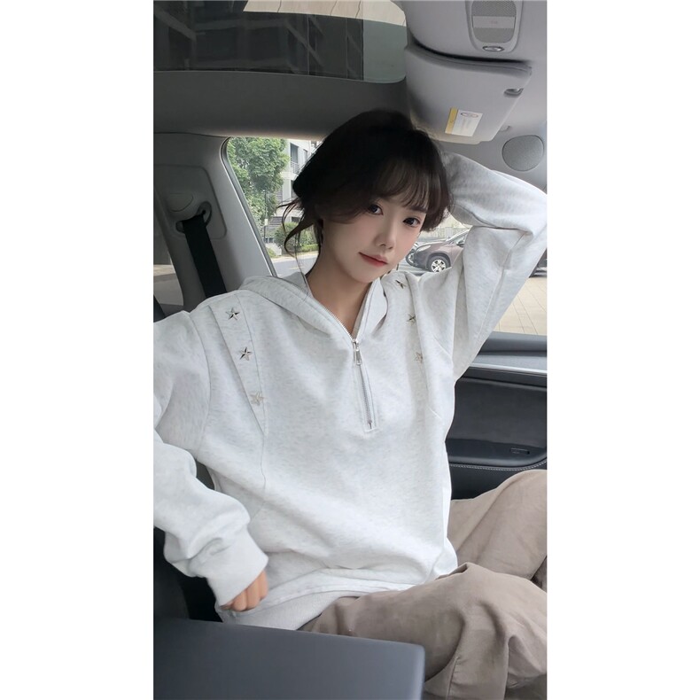 秋冬新款原创设计星星铆钉拉链连帽卫衣常规p75加绒p85,男装卫衣,电商B319