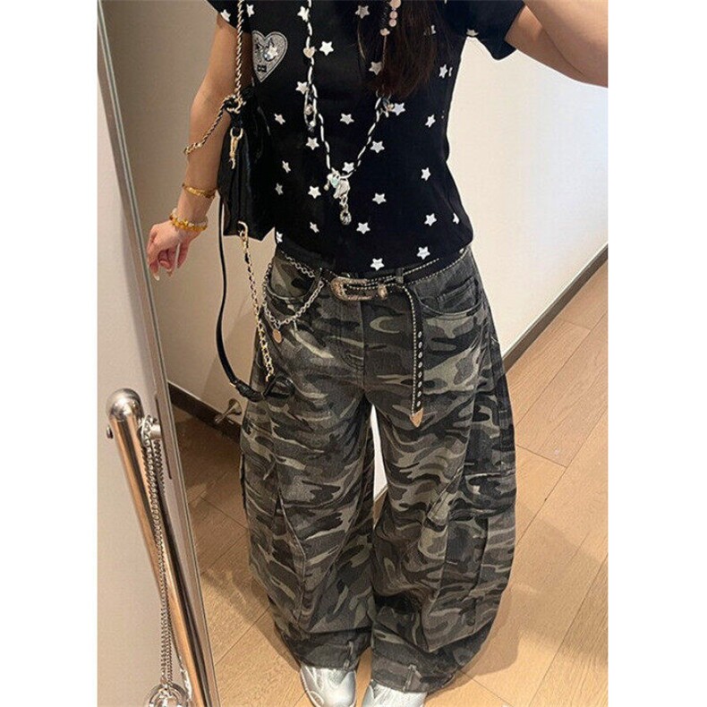 美式迷彩工装牛仔裤女辣妹爵士舞hiphoP高街弯刀阔腿裤子KB146,男装牛仔裤,星座1116A（原606A-3）