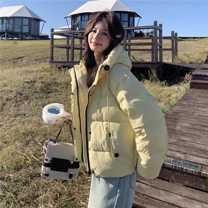 多巴胺黄色保暖连帽羽绒服2025冬季韩系甜美学院风减龄宽松面包服,女装羽绒服,2C177