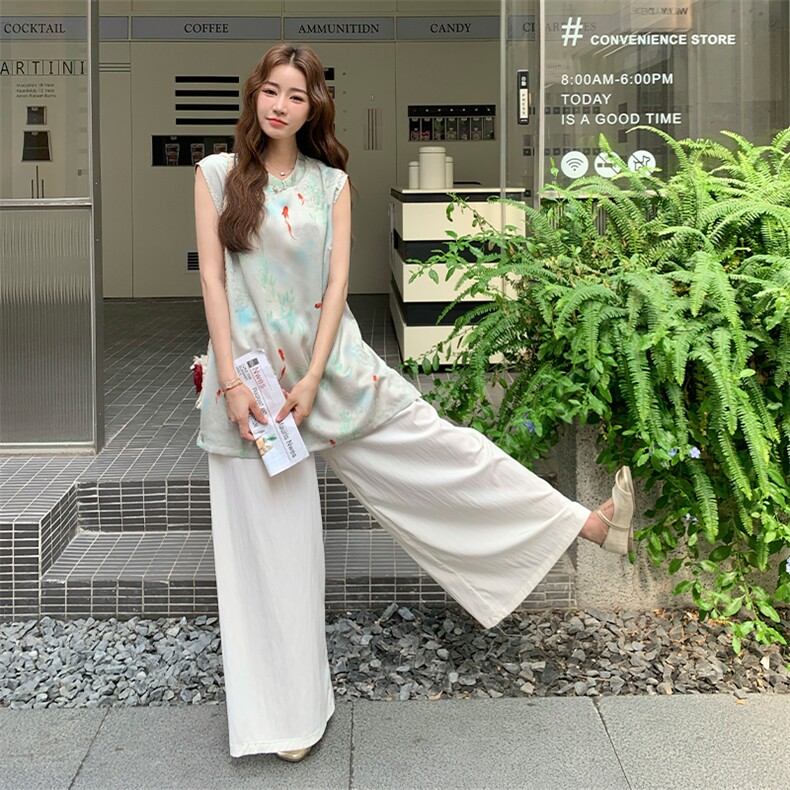 绿色新中式国风改良旗袍衬衫阔腿裤套装女夏2025新款两件套爆款,女装套装/套裙,2D034