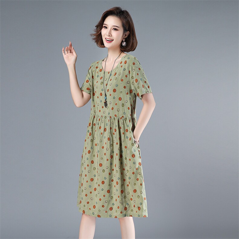 2021年夏季通勤韩版中长款A字裙圆领印花圆点套头40-49周岁裙子,女装连衣裙,伊满意