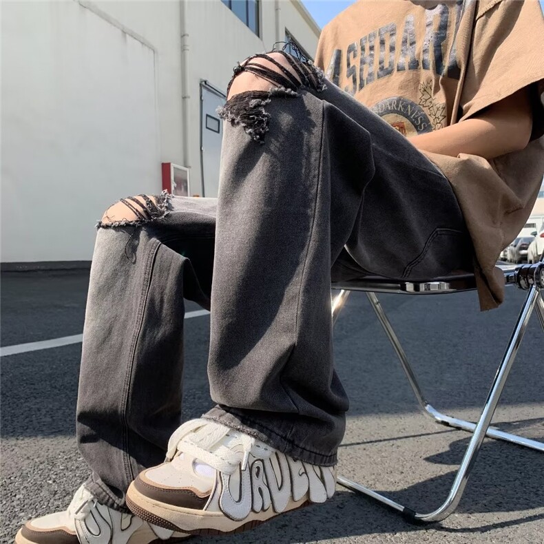 春装chic潮流破洞牛仔裤宽松休闲直筒裤N08044-P45,男装牛仔裤,星座308B-1