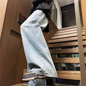 美式复古做旧破坏牛仔裤男女cleanfit宽松直筒百搭垂感微喇裤图片