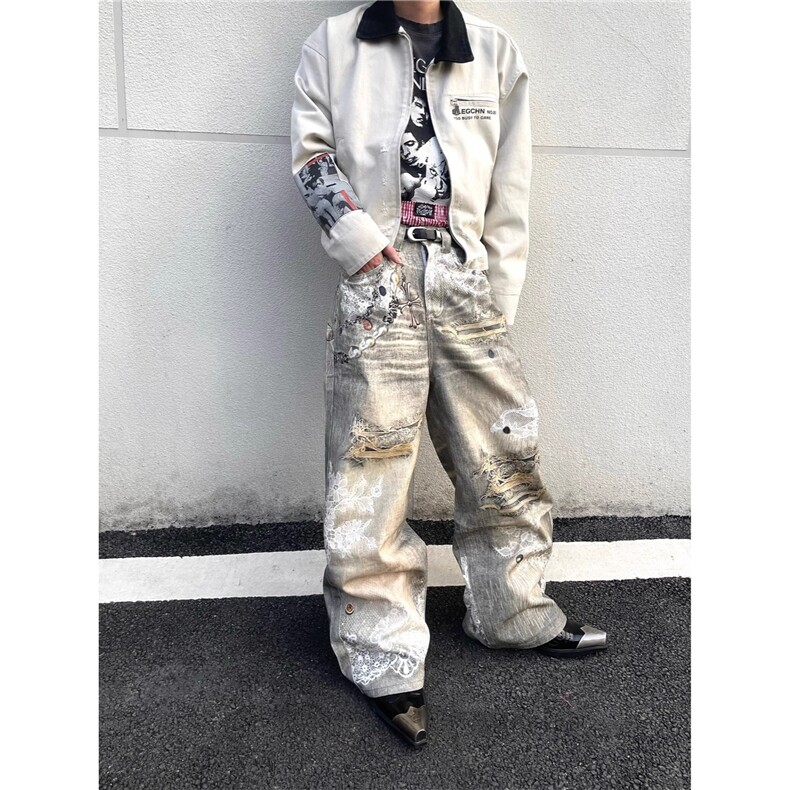 小众个性3D珠串印花宽松直筒牛仔裤长裤男女潮图片