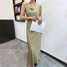 2025年春夏长裙无袖收腰吊带单件高质丝滑缎面连衣裙，女装连衣裙，蒙绒特