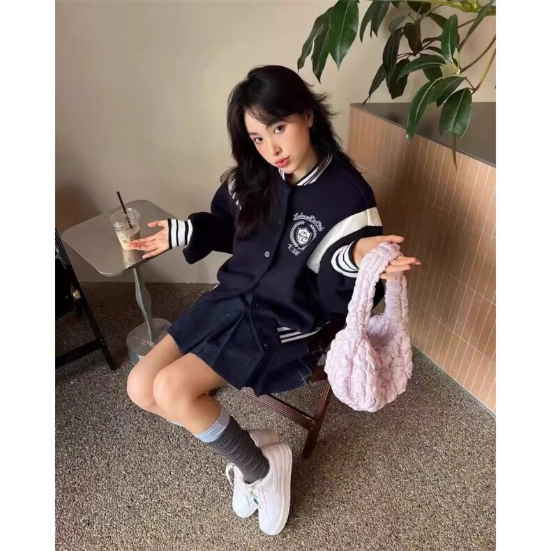 F240120-P98秋季撞色字母刺绣棒球服外套男女毛呢宽松立领夹克,女装短外套,星座617A-2