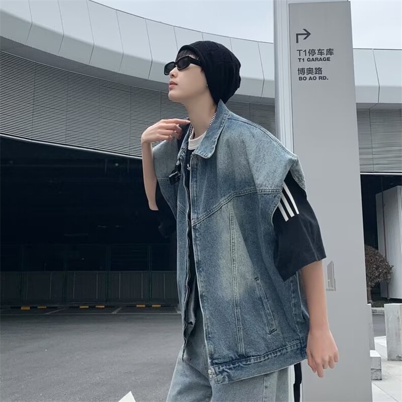 新款嘻哈气质单排扣夏季翻领男垫肩高棉水洗马甲牛仔布BK026P75,男装背心/马甲,星座1116-2