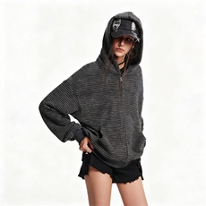 [网图]加绒条纹连帽卫衣双拉链开衫休闲外套5D1202-TP65118，女装短外套，电商A102