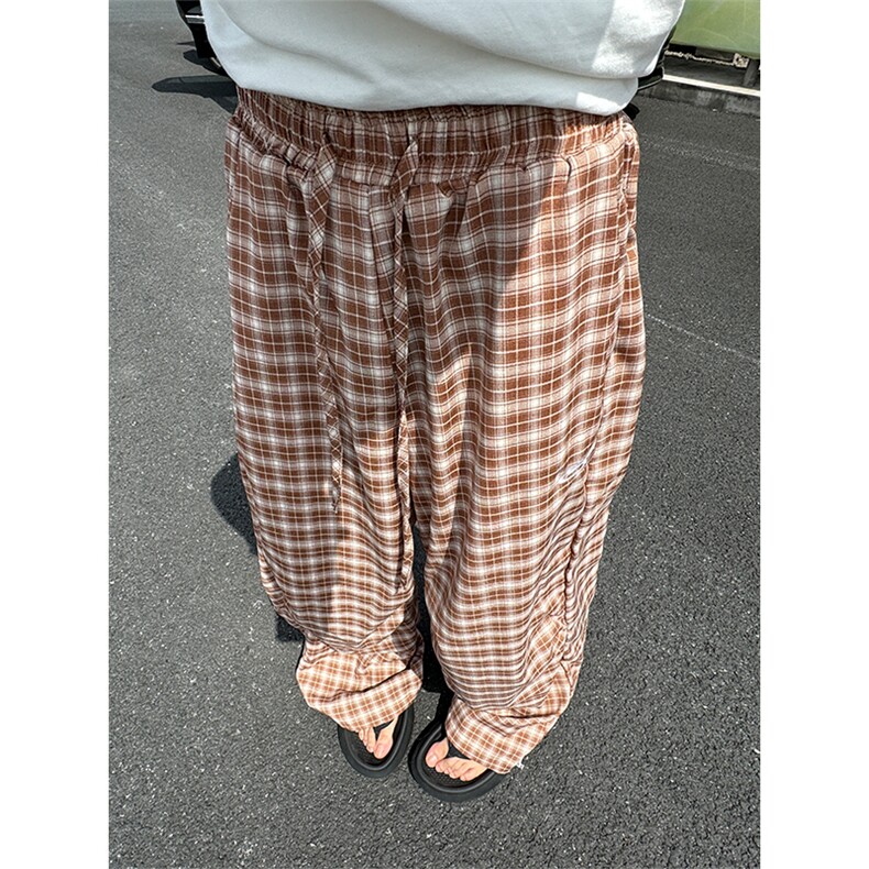 XZ1005-1-TTH600-P55美式复古蓝色弯刀格子裤慵懒风垂坠感阔腿裤,男装休闲裤,星座1005-1