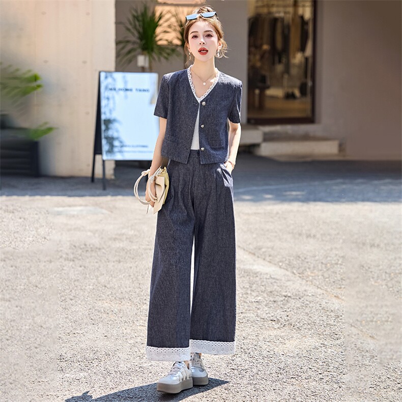 牛仔套装女2025夏季新款韩系小香风气质蕾丝九分阔腿裤穿搭一整套,女装套装/套裙,布芭啦