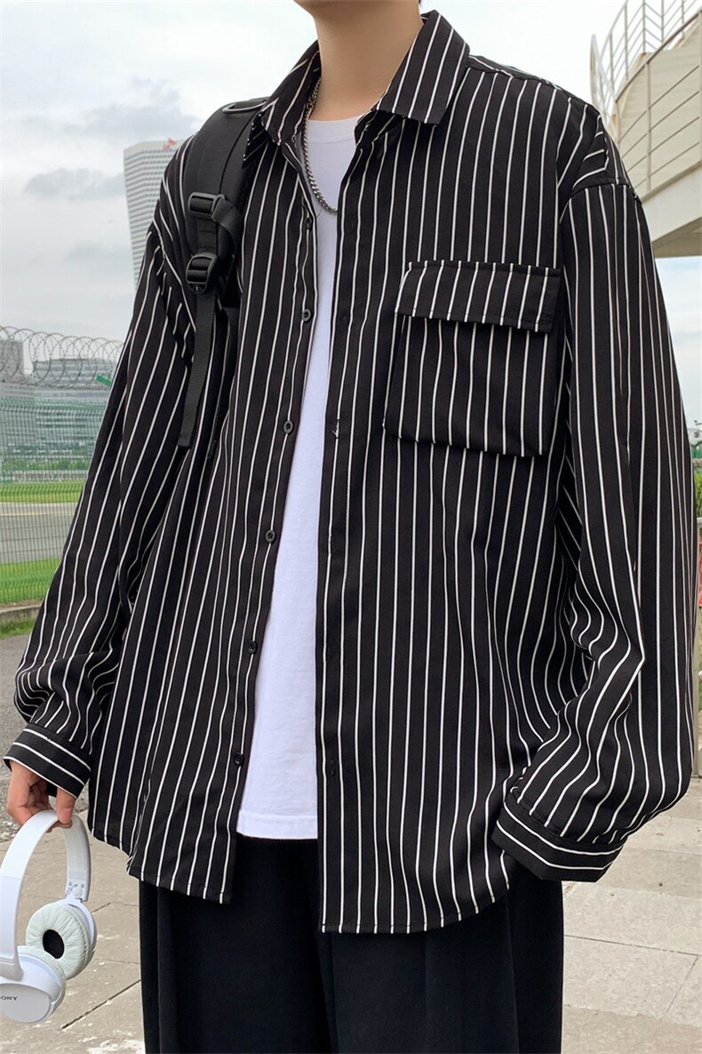 C3082/P40春装条纹长袖衬衣男立体口袋工装大码衬衫男四季款图片