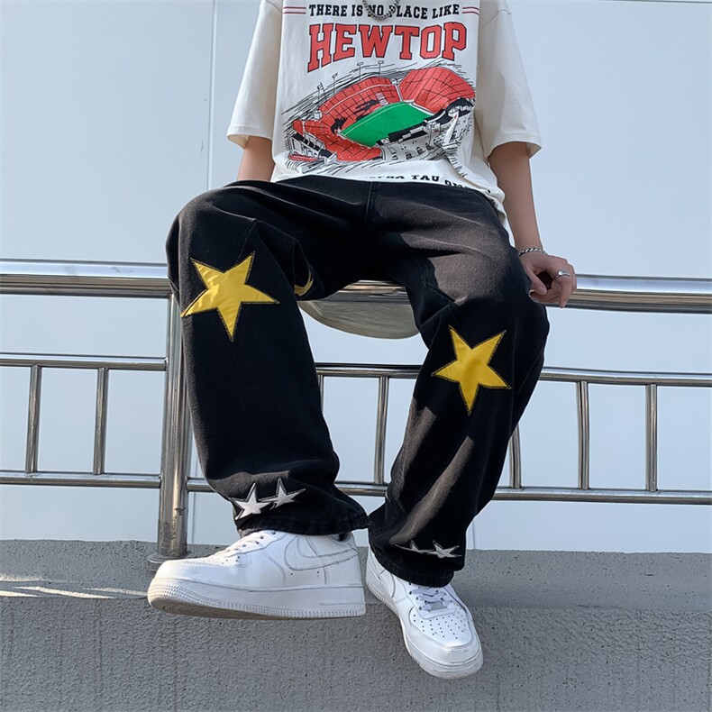 星星潮牌牛仔裤男女宽松bf风直筒裤ins休闲工装长裤N0251-P48,男装牛仔裤,星座308B-1
