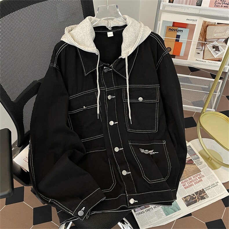 春款男牛仔夹克衫连帽工装大口袋字母印花外套JK027P75,男装夹克,星座1013-1