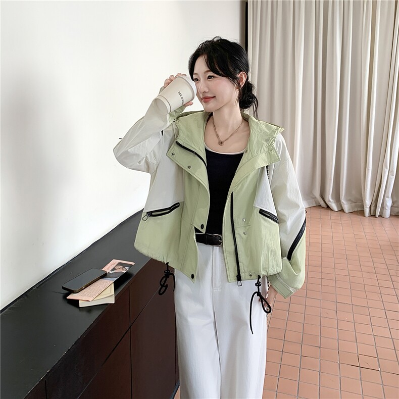 2C030-9068-P145-K198小清新的港风牛油果绿拼色大帽檐外套,女装短外套,2C030