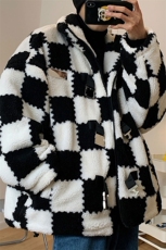 1冬季港风情侣羊羔毛棋盘格大码M-5XL宽松棉服外套男MY7535P135，男装棉衣，星座226-2