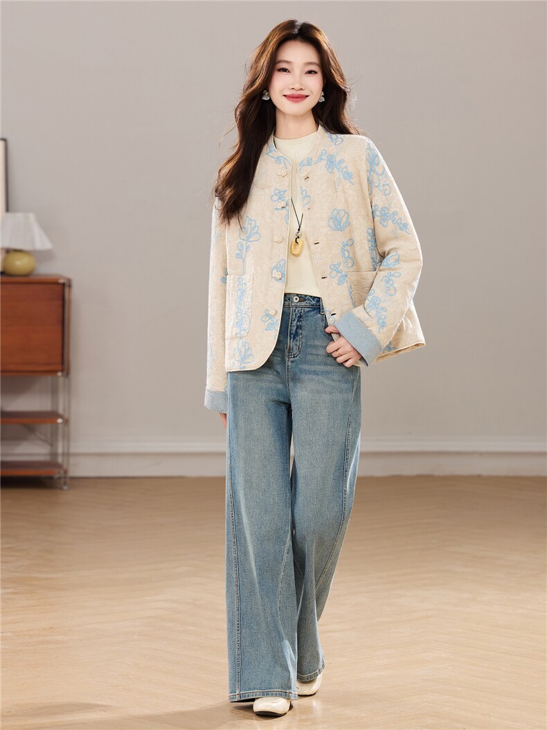 冬季新款新中式小立领重工刺绣双口袋宽松版洋气时尚棉衣外套女,女装棉衣/棉服,宝儿家