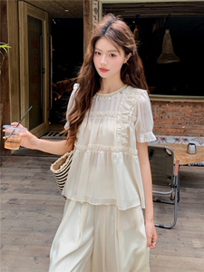 超仙时尚雪纺套装女2026夏新款半透减龄无袖木耳边阔腿裙裤两件套图片