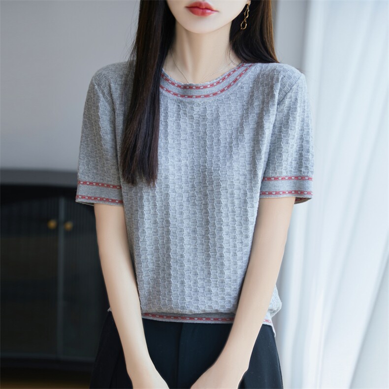 夏季新款简约时尚百搭虚线领小六边形短袖,女装T恤,秋双羊绒