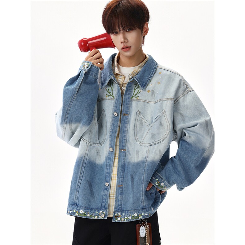 【现货】XZ1218WT8973特价P67美式复古花卉刺绣渐变牛仔外套，男装工装外套，星座1218（原611-3）