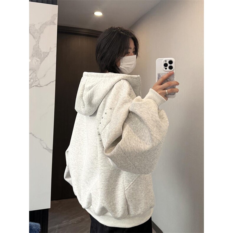 抖音得物高品质二开26春装美式高街铆钉拼接纯色开衫卫衣外套W122,女装短外套,电商A486-1
