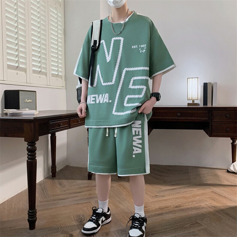 港风套装男休闲宽松冰丝青年圆领短袖T恤短裤两件套-JZ6208-P38,男装牛仔裤,星座310B-3