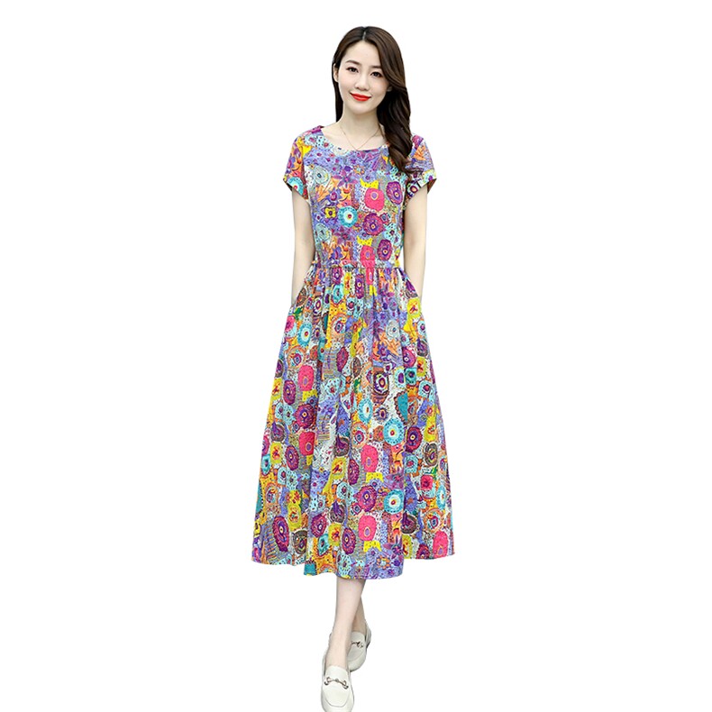 棉麻连衣裙女夏季2025新款韩版女装文艺碎花宽松收腰显瘦印花裙子,女装连衣裙,超帛