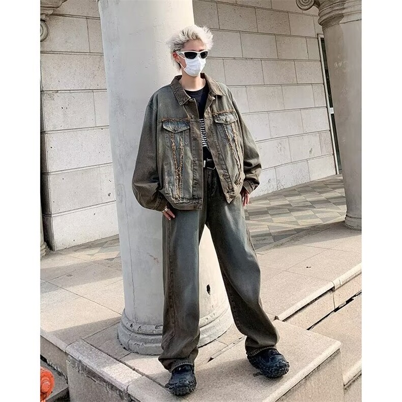 美式痞帅牛仔夹克套装男款街头潮牌嘻哈宽松休闲牛仔套装图片