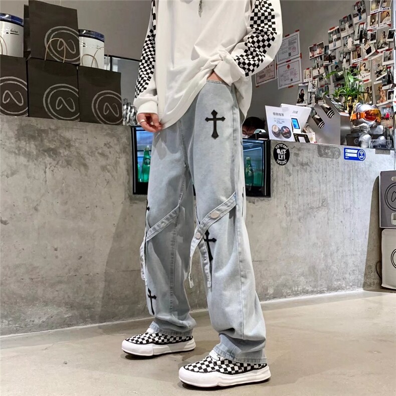 牛仔裤男港风潮流印花2023春秋季新款ins直筒休闲裤K1215-P47,男装牛仔裤,星座412-3