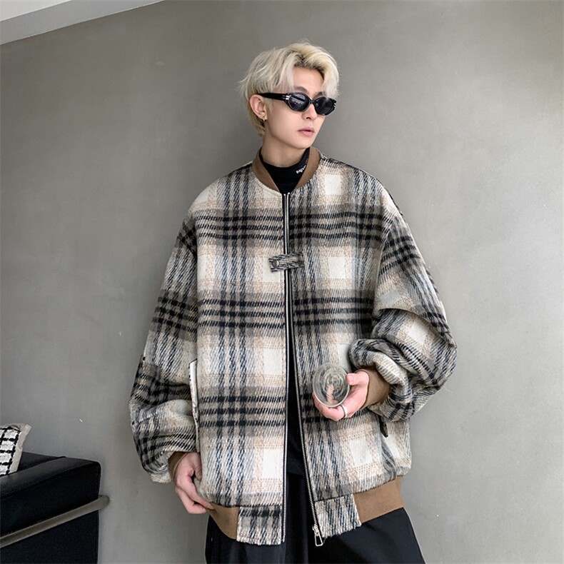 M883TP78毛呢格子外套男港风复古棒球领休闲宽松秋冬廓形夹克上衣,男装夹克,电商A170