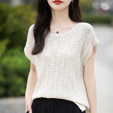 夏季薄款100%纯棉针织短袖女圆领镂空钩花上衣宽松半袖T恤打底衫，女装针织衫/毛衣，斯美雅电商供货