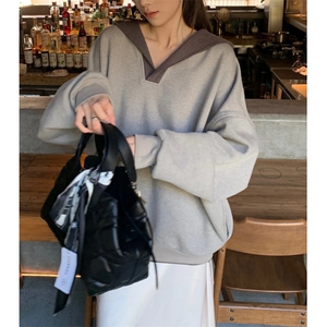 美式重磅v领连帽高街卫衣男女拼接设计感休闲情侣长袖上衣外套图片