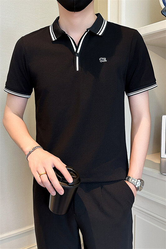 店主风社会小伙男士V领刺绣款POLO衫男休闲T恤301A-1/PL108/P55,男装T恤,星座301A-1
