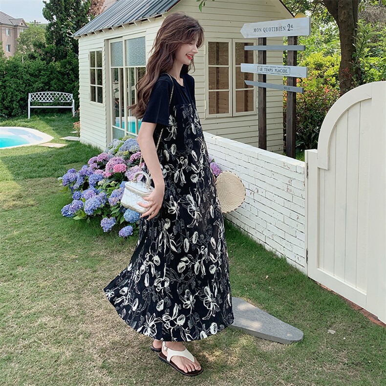 法式黑裙碎花连衣裙女2025夏季新款海边设计感气质显瘦复古吊带裙,女装套装/套裙,2C272