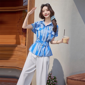 时尚条纹短袖衬衣职业套装女2025夏季气质修身女神范阔腿裤两件套图片