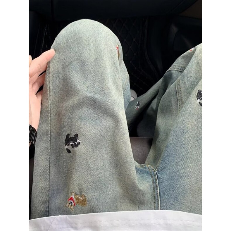 黑色趣味小狗刺绣牛仔裤女新款宽松显瘦拖地阔腿裤子N09,男装牛仔裤,星座1116A（原606A-3）